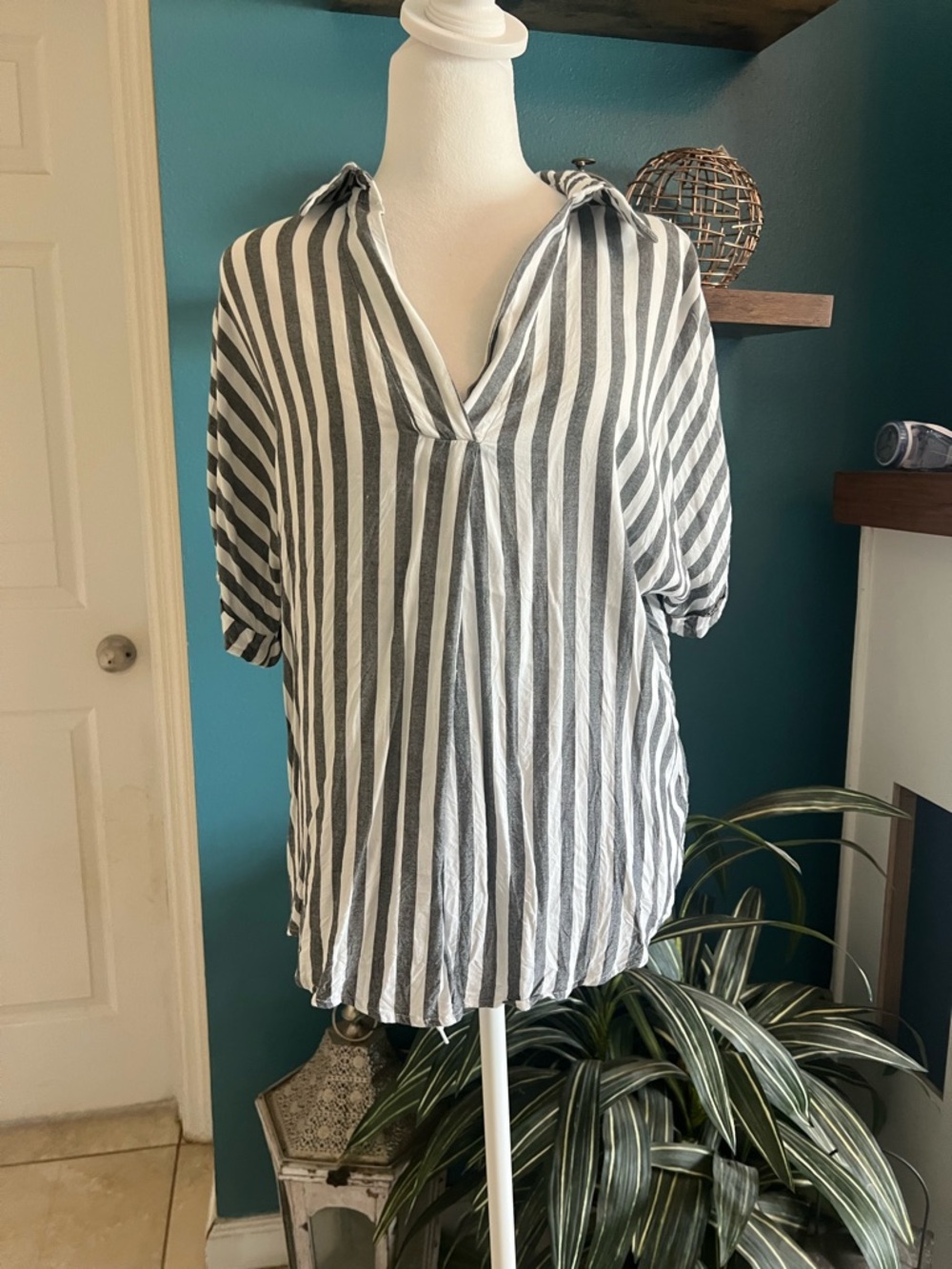 Blue Rain Black & White Vertical Stripe V-Neck Tunic